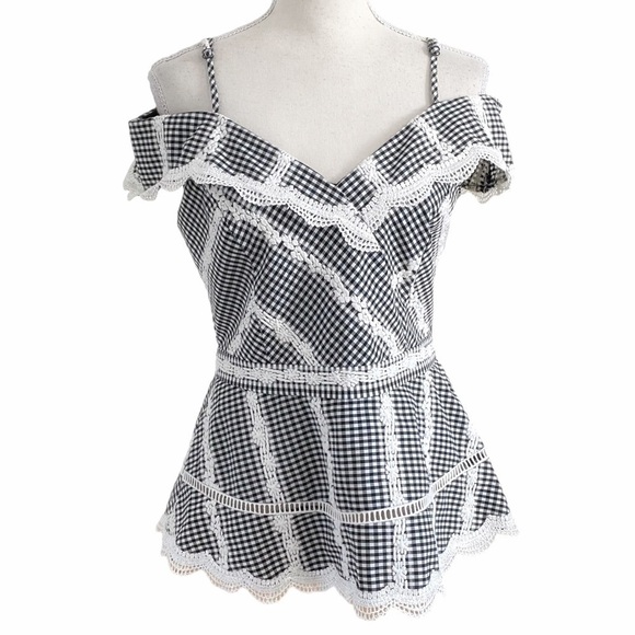 ADELYN RAE BLACK WHITE GINGHAM EMBROIDERED COLD SHOULDER PEPLUM TOP - S - Picture 1 of 9